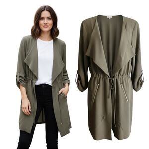 Kismet Olive Green Drape Front Utility Jacket Drawstring Waist Zip Pockets Sz M